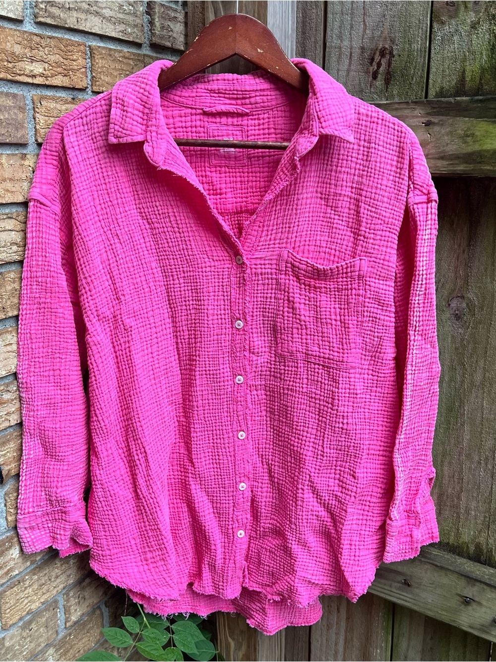 Aerie Hot Pink Gauzy Cotton Button-Down Shirt